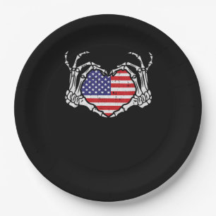 Skeleton Hand Heart 4th Of American Flag Patriotic Paper Plate