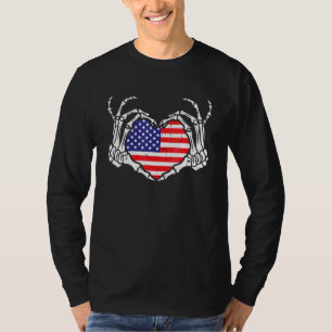 Skeleton Hand Heart 4th Of July Love American Flag T-Shirt