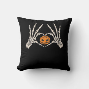 Skeleton Hand Heart And Pumpkin Funny Skull Hallow Cushion