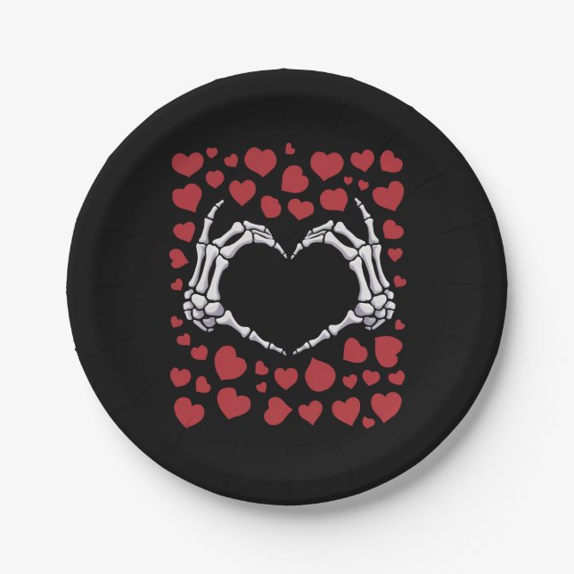 Skeleton Hand Heart Funny Bones Valentine's Day Paper Plate (Front)