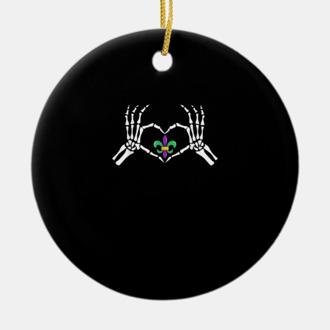 Skeleton Hand Heart Mardi Gras Ceramic Tree Decoration (Front)