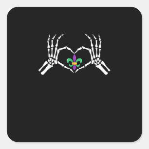 Skeleton Hand Heart Mardi Gras Square Sticker