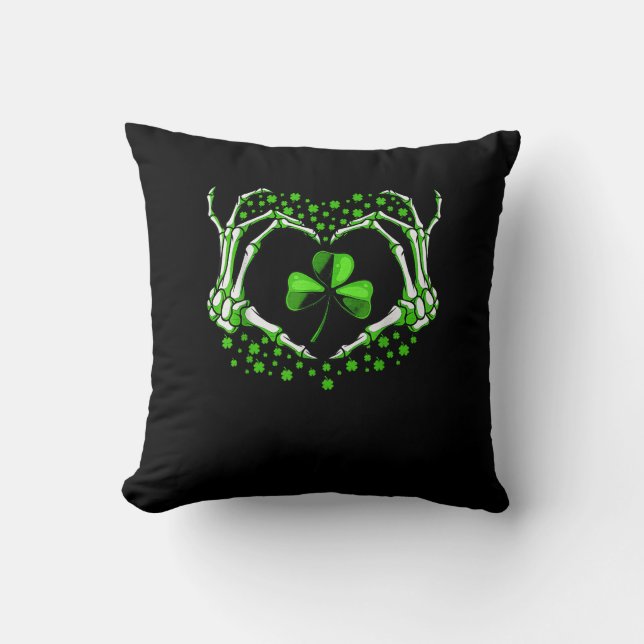 Skeleton Hand Heart Shamrock St Patricks Day Paddy Cushion (Front)