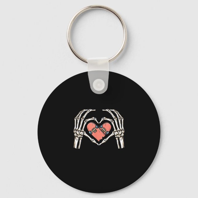 Skeleton Hand Heart Skateboard Valentines Day Funn Key Ring (Front)