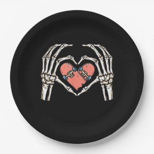 Skeleton Hand Heart Skateboard Valentines Day Funn Paper Plate