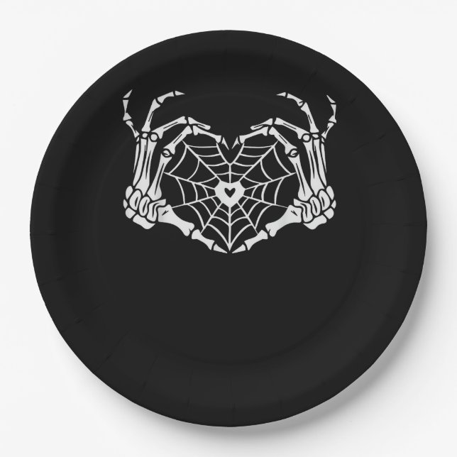 Skeleton Hand Heart Spiderweb Halloween Cobweb Par Paper Plate (Front)