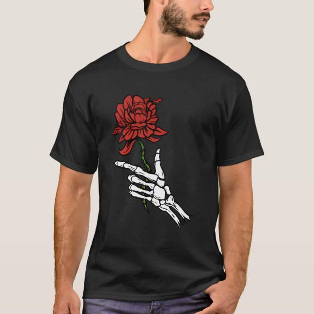 Skeleton Hand Holding A Red Rose T-Shirt (Front)