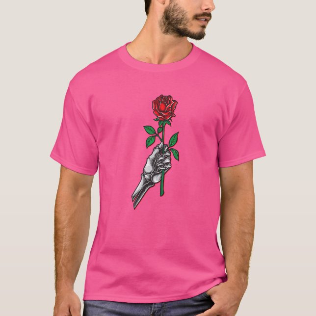 Skeleton Hand Holding Red Rose Flower Graphic T-Shirt (Front)