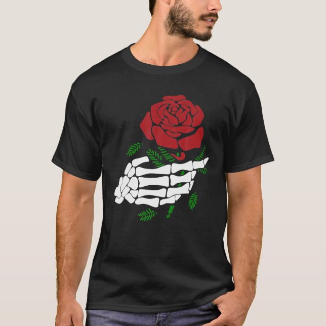 Skeleton Hand Holding Red Rose Funny Tattoo Lovers T-Shirt (Front)
