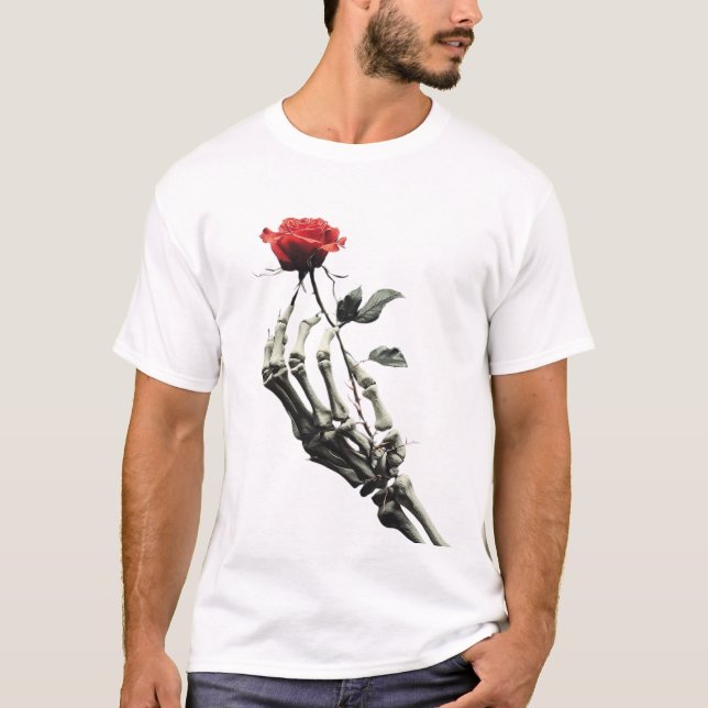Skeleton hand holding red rose T-Shirt (Front)