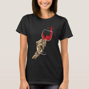 Skeleton Hand Holding Red Wine Glass Hallowine Hal T-Shirt