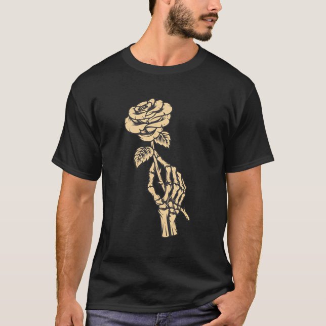 Skeleton Hand Holding Rose Aesthetic Red Flower T-Shirt (Front)