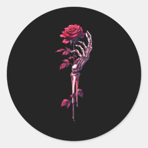 Skeleton Hand Holding Rose Red Rose Flower  Classic Round Sticker