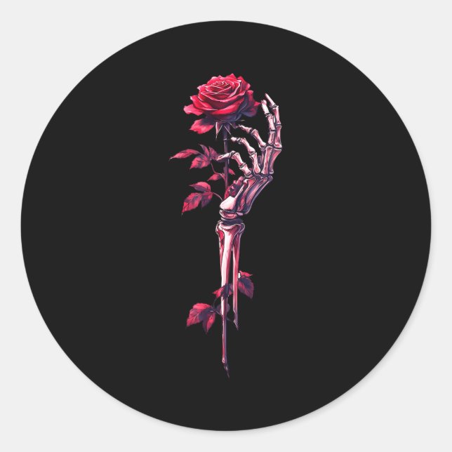 Skeleton Hand Holding Rose Red Rose Flower  Classic Round Sticker (Front)