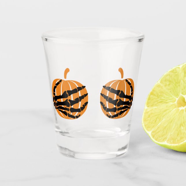 Skeleton Hand on Pumpkin Booty Funny Halloween  Shot Glass (Front)