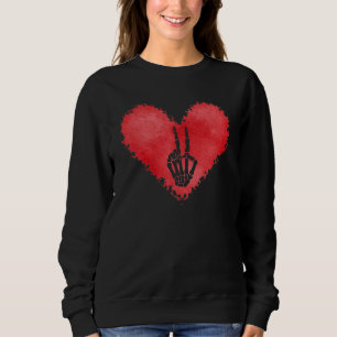 Skeleton Hand Peace Sign Red Heart Valentines Day Sweatshirt