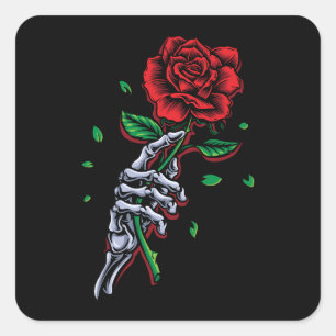 Skeleton Hand Red Rose Flower Square Sticker