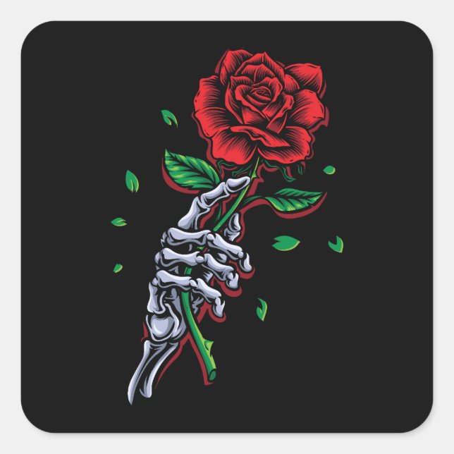 Skeleton Hand Red Rose Flower Square Sticker (Front)