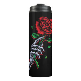 Skeleton Hand Red Rose Flower Thermal Tumbler