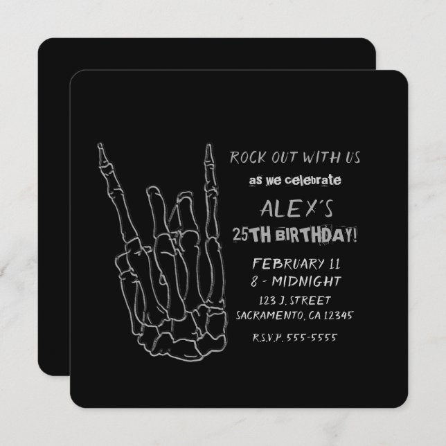 Skeleton Hand Rock Star Black Birthday Party Invitation (Front/Back)