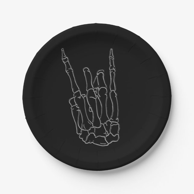 Skeleton Hand Rock Star Black Birthday Party Paper Plate (Front)