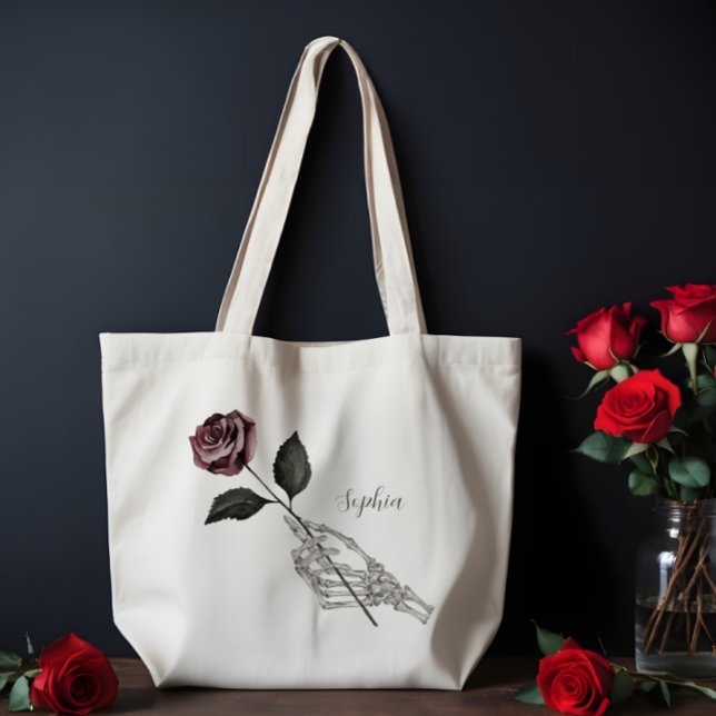 Skeleton Hand Rose Gothic Halloween Custom Name Tote Bag (Watercolor Skeleton Head Gothic Custom Monogram Tote Bag)