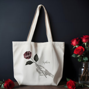 Skeleton Hand Rose Gothic Halloween Custom Name Tote Bag