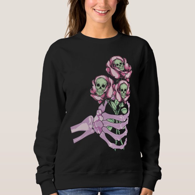 Skeleton Hand Skull Pastel Roses Graphic Valentine Sweatshirt (Front)