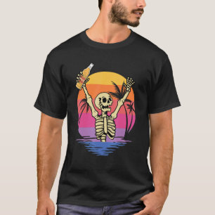 Skeleton Hands Cheers Beer with Sunset Retro Backg T-Shirt