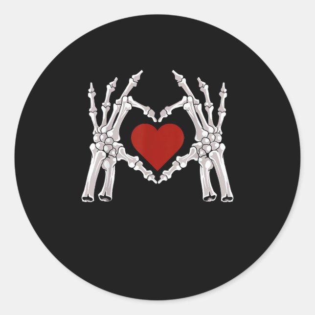 Skeleton Hands Form A Heart With Red Heart Classic Round Sticker (Front)