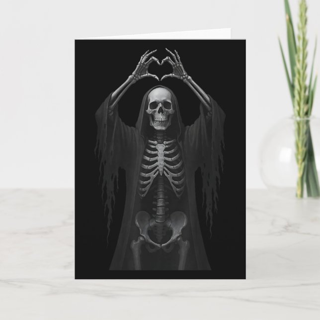 Skeleton Hands Heart Sign Scary Face Funny Hallowe Card (Front)