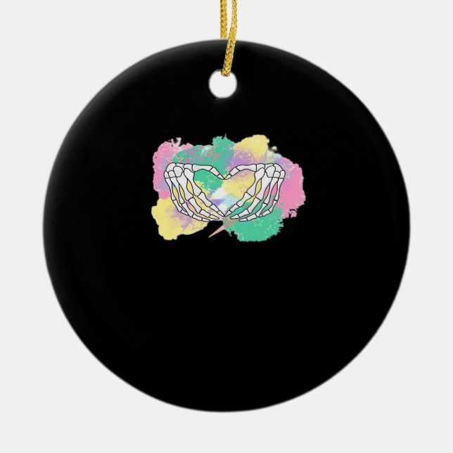 Skeleton Hands Heart With Abstract Coloured Backgr Ceramic Tree Decoration (Front)