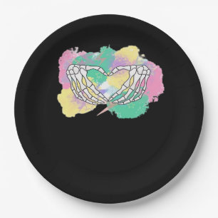 Skeleton Hands Heart With Abstract Coloured Backgr Paper Plate