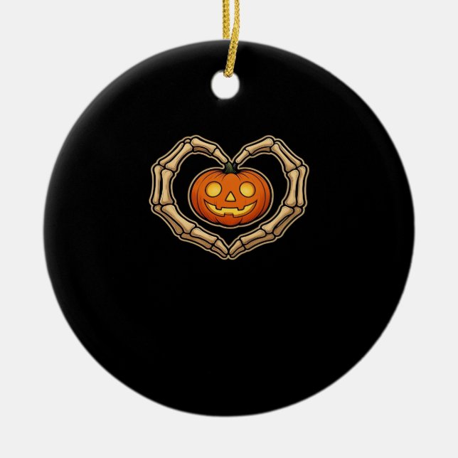 Skeleton Hands Heart With Pumpkin Cute Spooky Hall Ceramic Tree Decoration (Front)