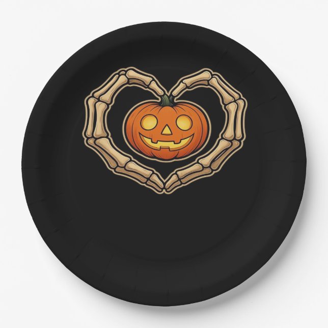 Skeleton Hands Heart With Pumpkin Cute Spooky Hall Paper Plate (Front)