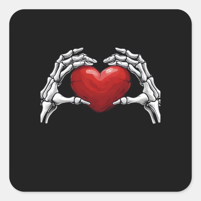 Skeleton Hands Holding A Red Heart Design Classic Square Sticker (Front)
