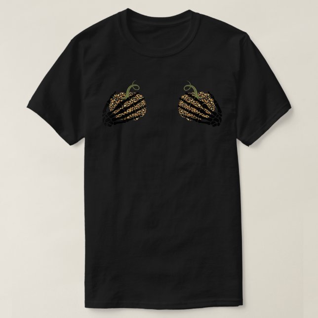 Skeleton Hands Holding Pumpkin Leopard Chest Fall  T-Shirt (Design Front)
