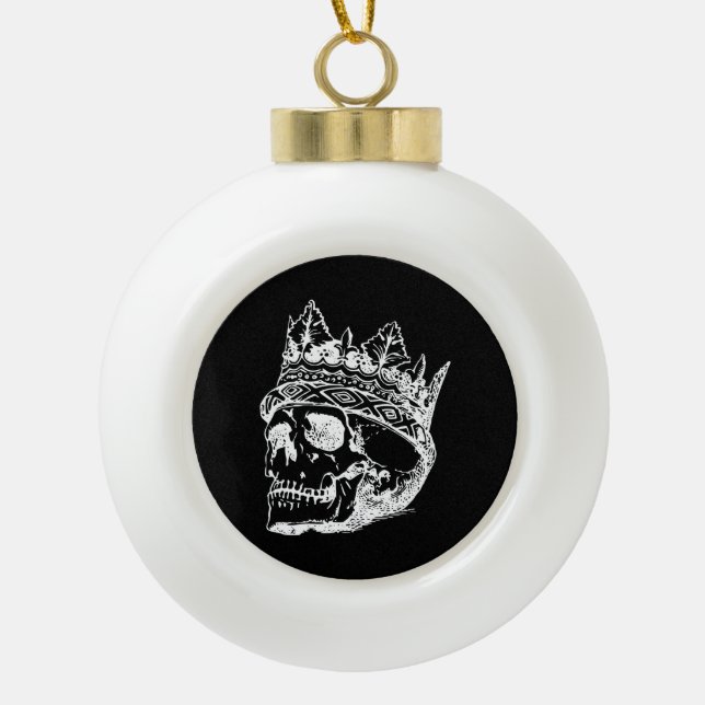 Skeleton Head with a Crown on a  Ceramic Ball Christmas Ornament (Front)