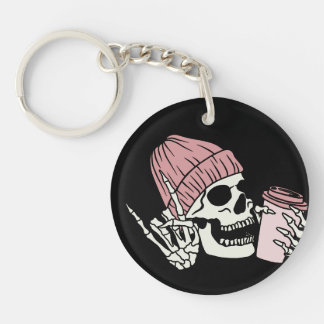 Skeleton Head with Cap and Drink on a  Key Ring