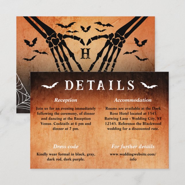 Skeleton Heart Goth Halloween Wedding Details Enclosure Card (Front/Back)