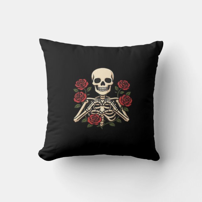 Skeleton Heart Hands With Red Roses – Romantic Got Cushion (Front)