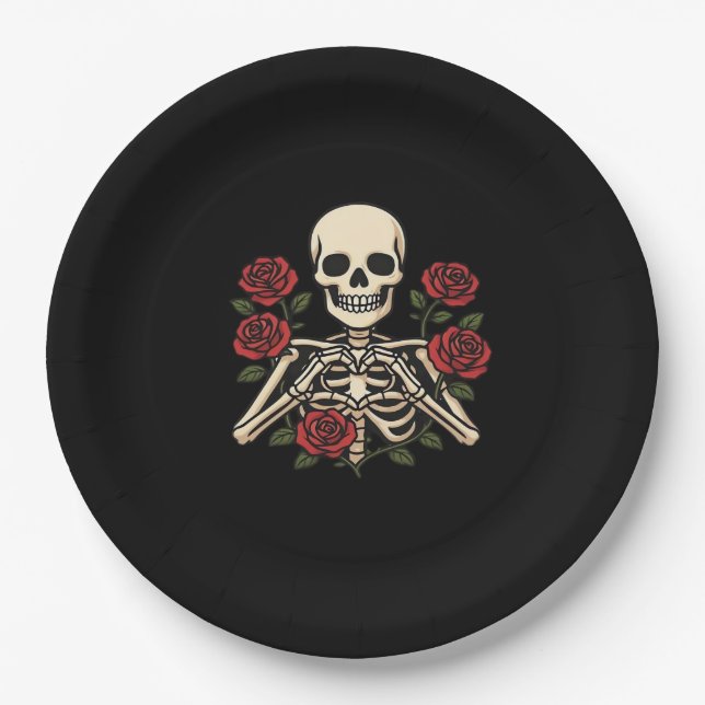 Skeleton Heart Hands With Red Roses – Romantic Got Paper Plate (Front)