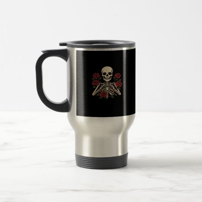 Skeleton Heart Hands With Red Roses – Romantic Got Travel Mug (Left)