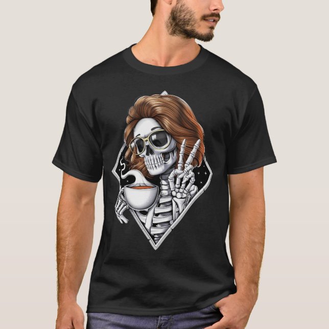 Skeleton Hippie Drinking Coffee T-Shirt (Front)