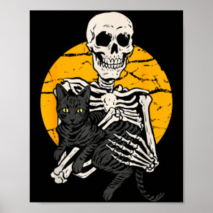 Skeleton Holding A Black Cat Funny Halloween Cat Poster