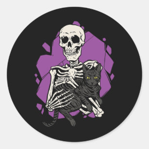 Skeleton Holding A Black Cat Lazy Halloween Costum Classic Round Sticker
