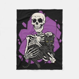 Skeleton Holding A Black Cat Lazy Halloween Costum Fleece Blanket