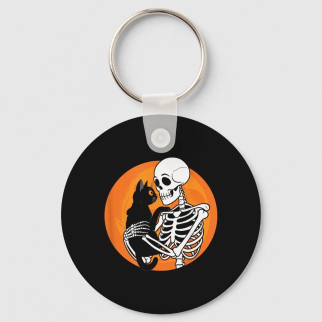 Skeleton Holding A Black Cute Cat - Skeleton Art Key Ring (Front)