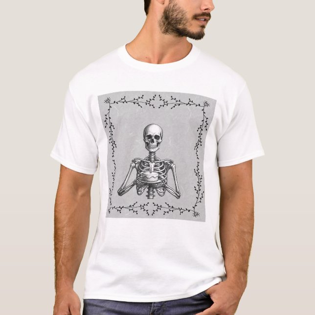Skeleton Holding a Cake Funny Gothic Graphic T-Shirt (Front)