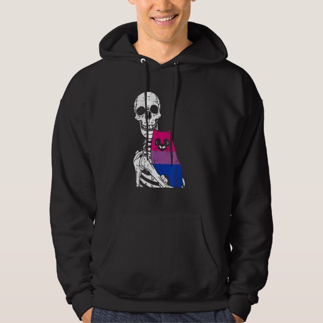 Skeleton Holding A Cat Bisexual LGBT-Q Pride Rainb Hoodie (Front)